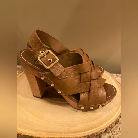 Tory Burch Brown Woven Leather Chunky Wooden Platform Heel Jodie Sandal size 8.5